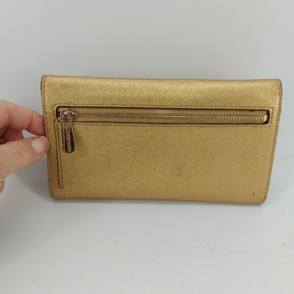 Michael Kors Jet Set Travel Large Trifold Leather Wallet Gold - Picture 2 of 8
